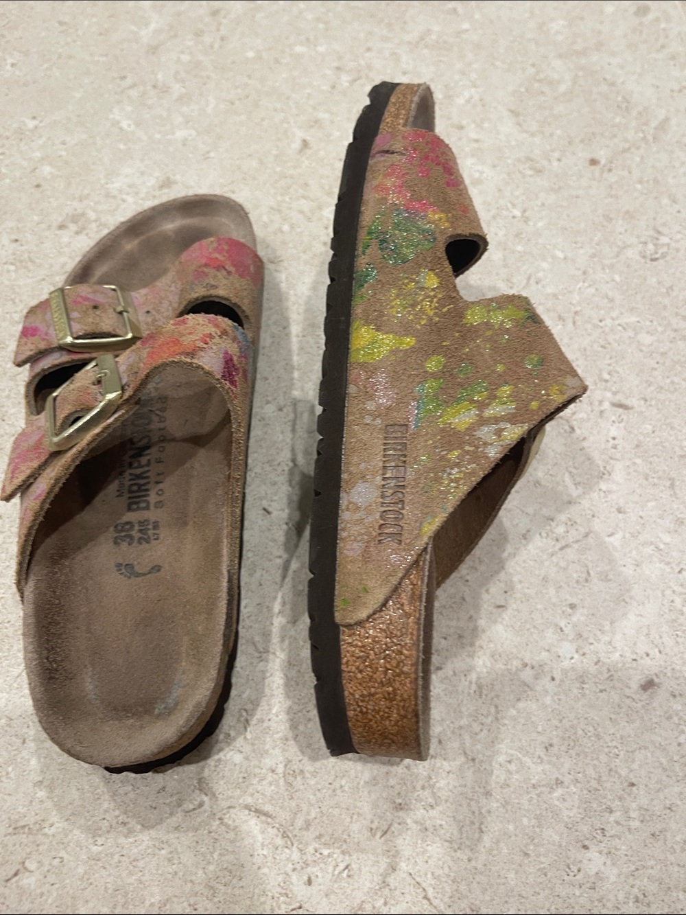 Women’s Birkenstock Two-Strap Sandals with Pink, Yellow, Green Accents - Picture 5 of 7